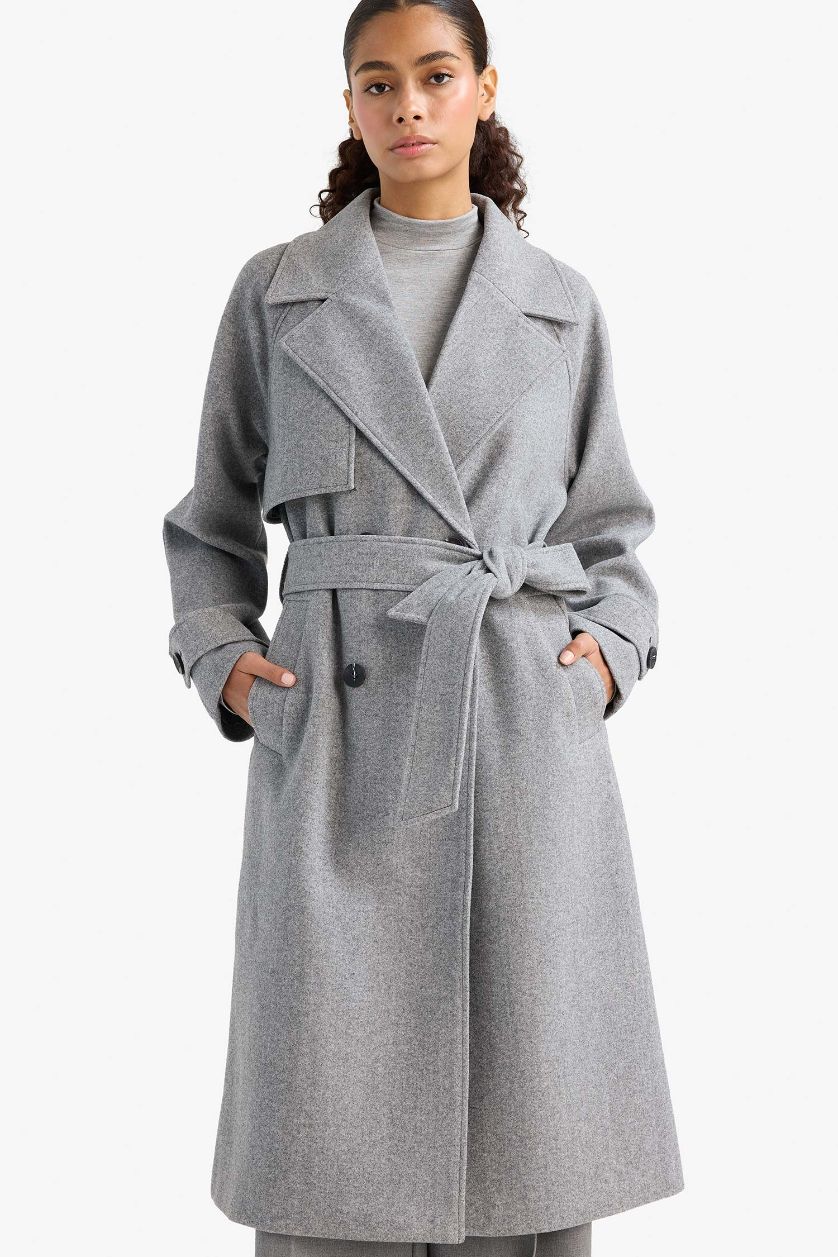 Woman Grey Regular Fit Button Down Cachet Long Coat