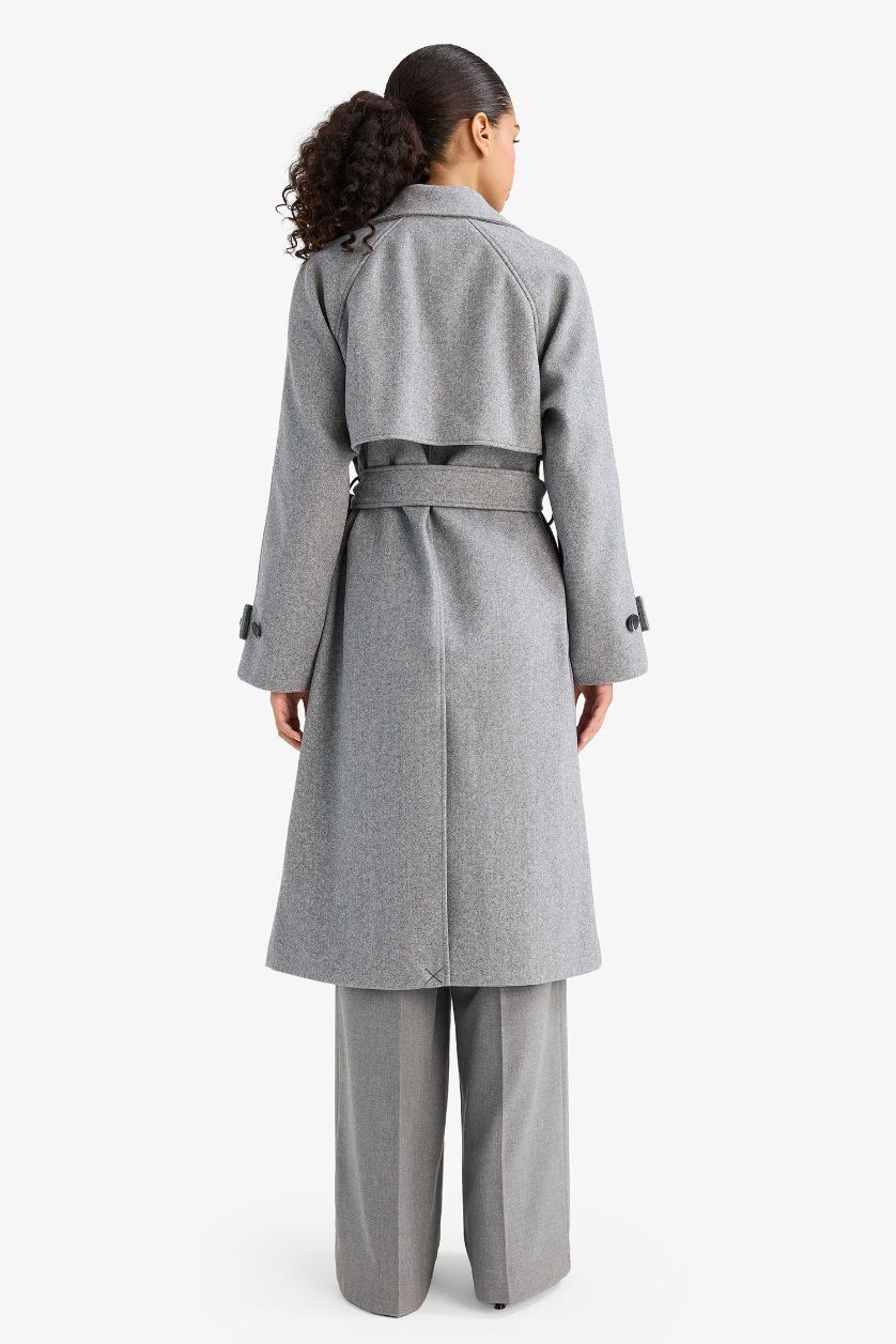 Woman Grey Regular Fit Button Down Cachet Long Coat