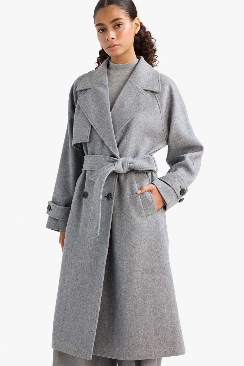 Woman Grey Regular Fit Button Down Cachet Long Coat