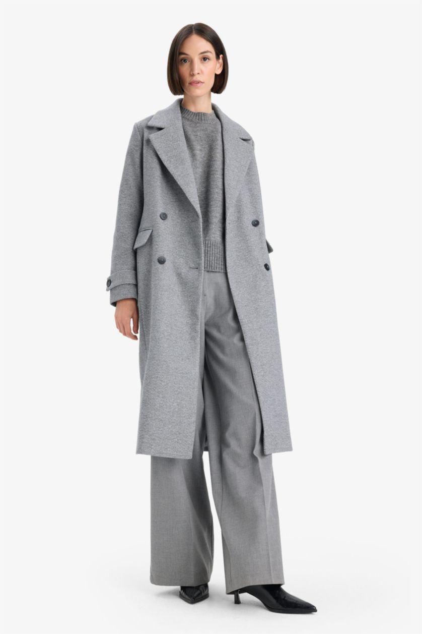 Kadın Antrasit Regular Fit Düğmeli Kaşe Uzun Kaban