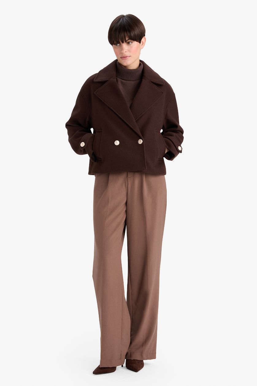 Kadın Kahve Regular Fit Düğmeli Kaşe Kaban