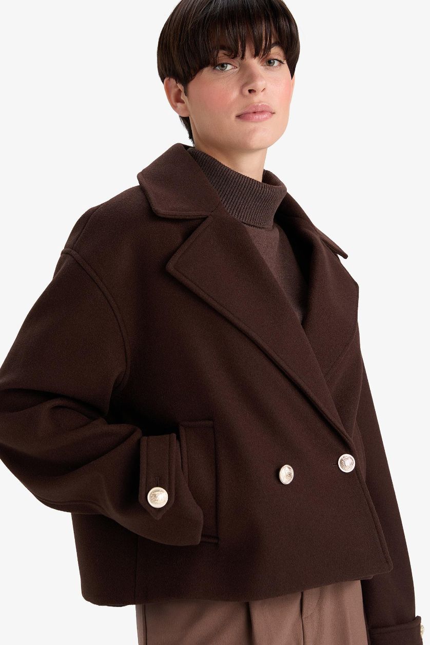 Kadın Kahve Regular Fit Düğmeli Kaşe Kaban