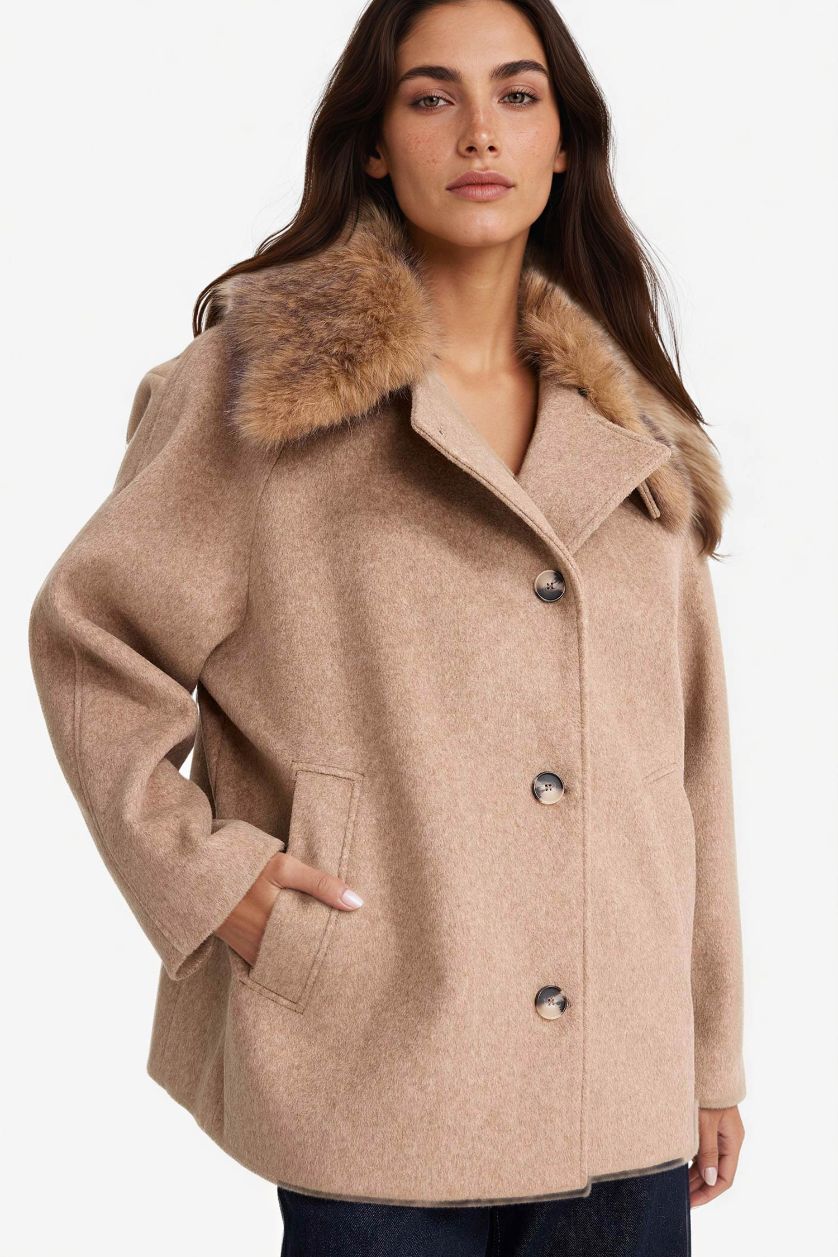 Woman Beige Regular Fit Buttoned with Removable Faux Fur collar Wool Coat