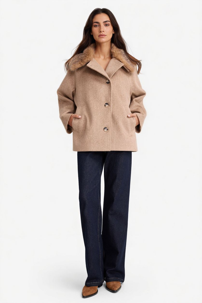 Woman Beige Regular Fit Buttoned with Removable Faux Fur collar Wool Coat