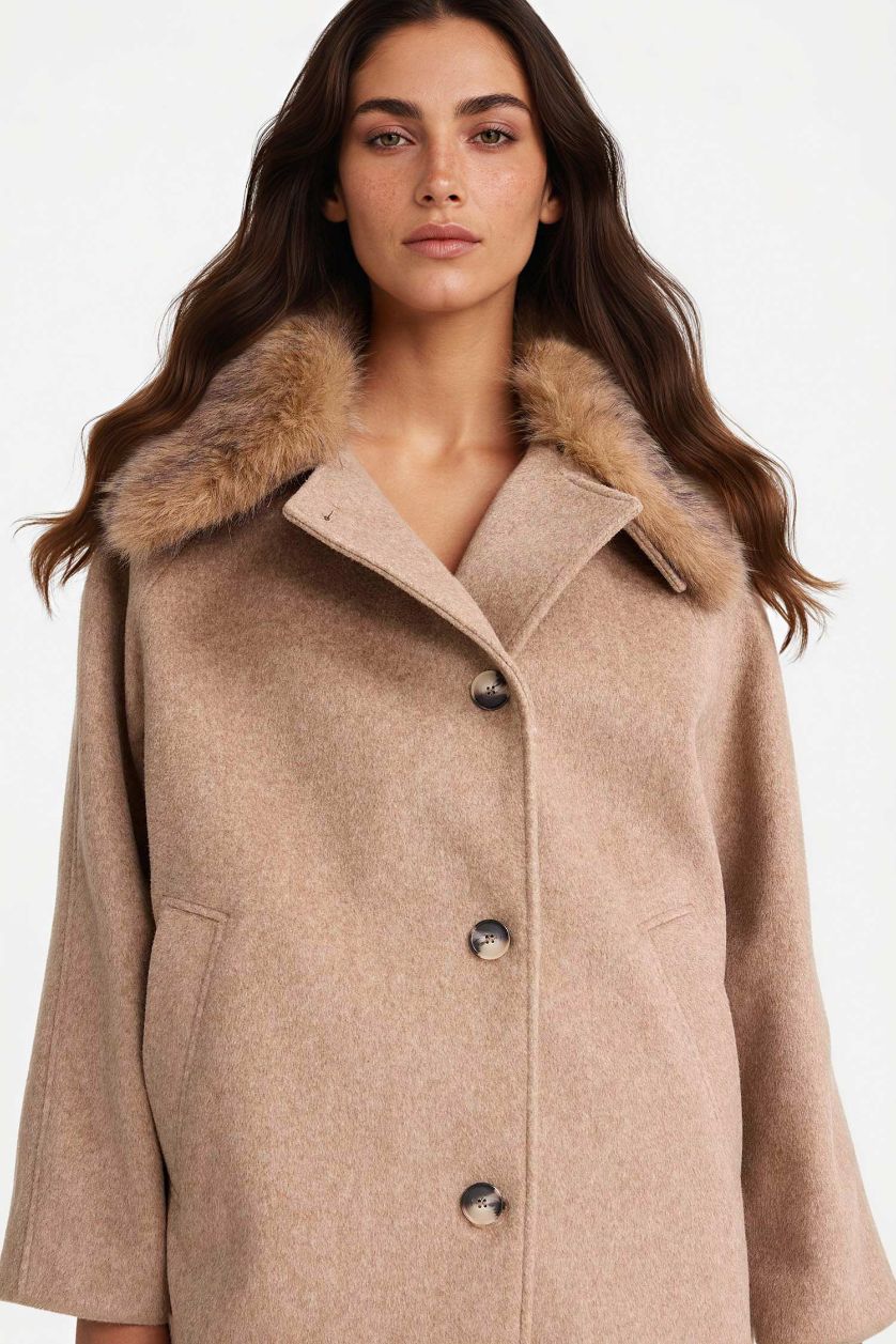 Woman Beige Regular Fit Buttoned with Removable Faux Fur collar Wool Coat
