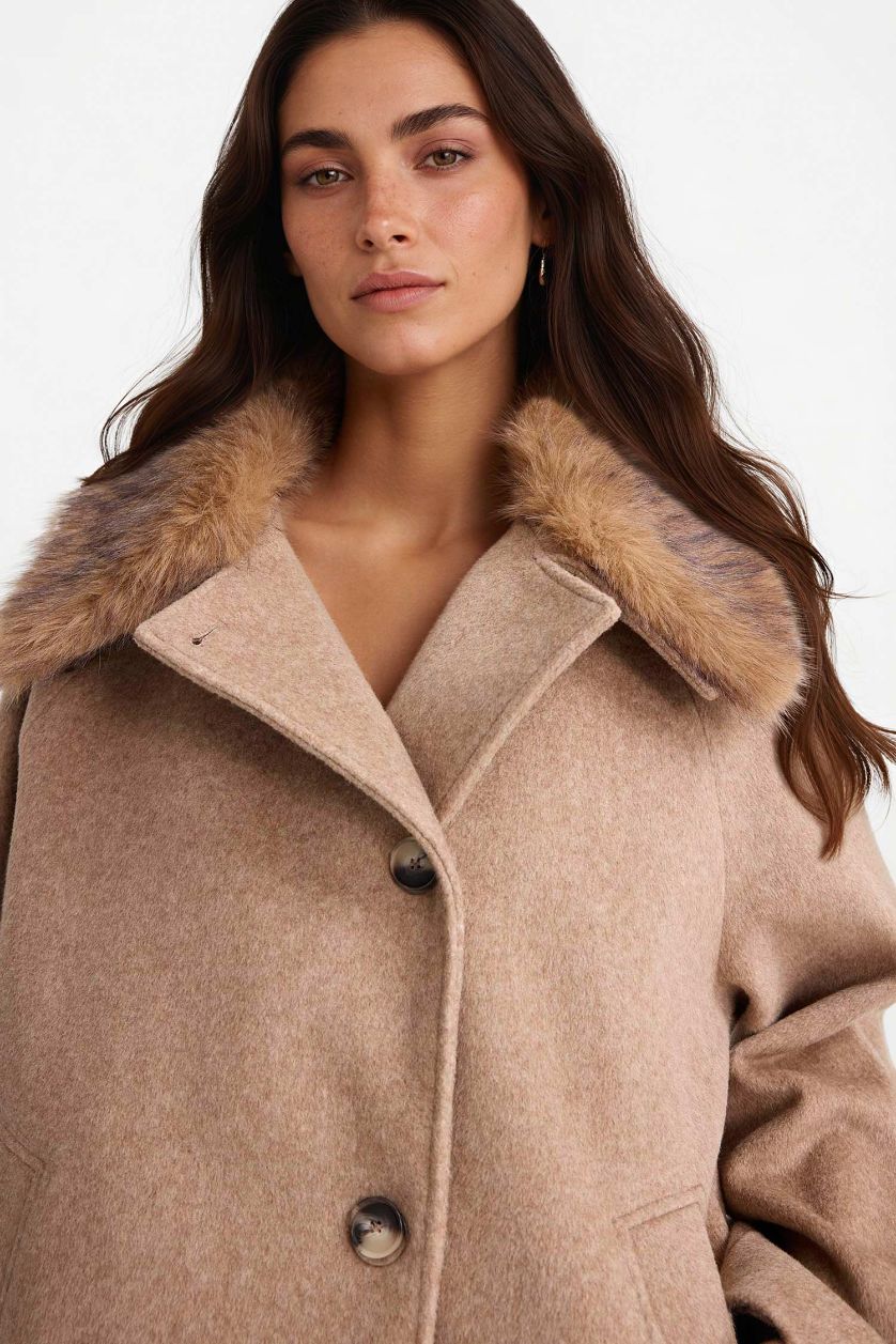 Woman Beige Regular Fit Buttoned with Removable Faux Fur collar Wool Coat