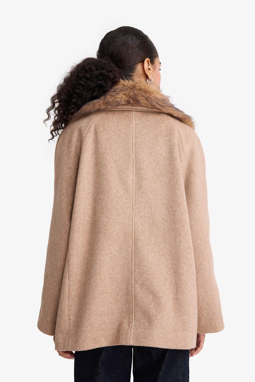 Woman Beige Regular Fit Buttoned with Removable Faux Fur collar Wool Coat