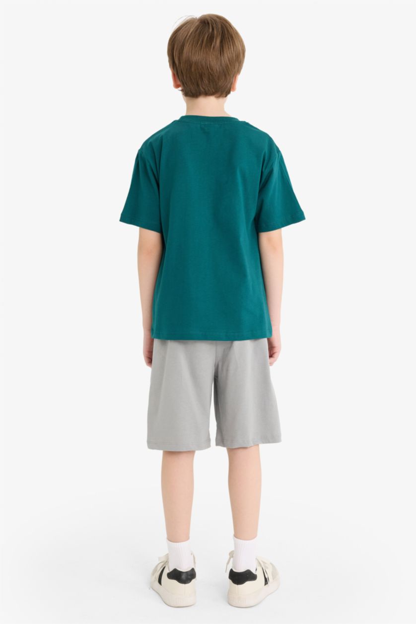 Erkek Çocuk - Genç Erkek Yeşil 2'li Takım Baskılı Kısa Kollu Tişört Beli Lastikli Şort Erkek Çocuk