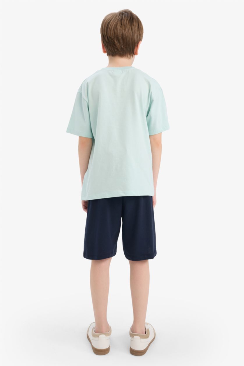 Erkek Çocuk - Genç Erkek Deniz Mavisi 2'li Takım Baskılı Kısa Kollu Tişört Şort Erkek Çocuk