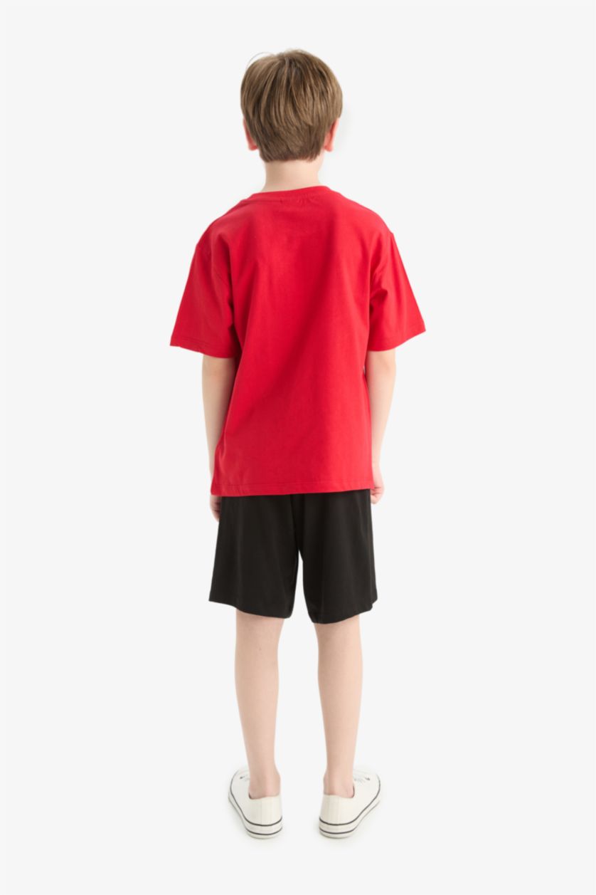 Erkek Çocuk - Genç Erkek Kırmızı 2'li Takım Baskılı Kısa Kollu Tişört Şort Erkek Çocuk