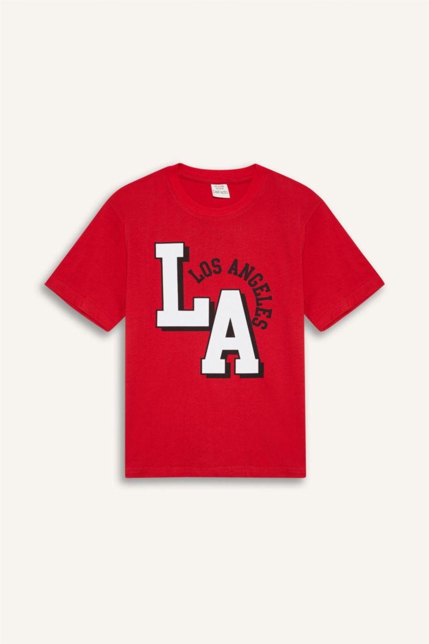 Erkek Çocuk - Genç Erkek Kırmızı 2'li Takım Baskılı Kısa Kollu Tişört Şort Erkek Çocuk