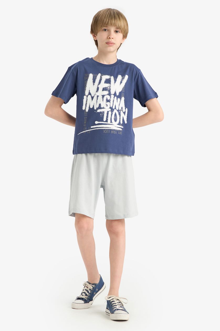 BOYS & TEENS Dark Purple Boy Printed T-Shirt Elastic Waist Shorts 2 Piece Set