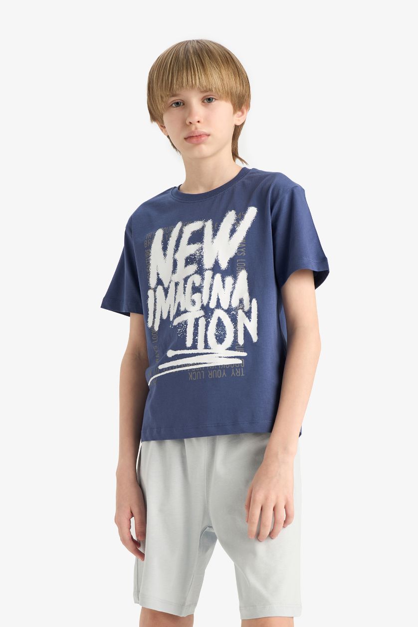 BOYS & TEENS Dark Purple Boy Printed T-Shirt Elastic Waist Shorts 2 Piece Set