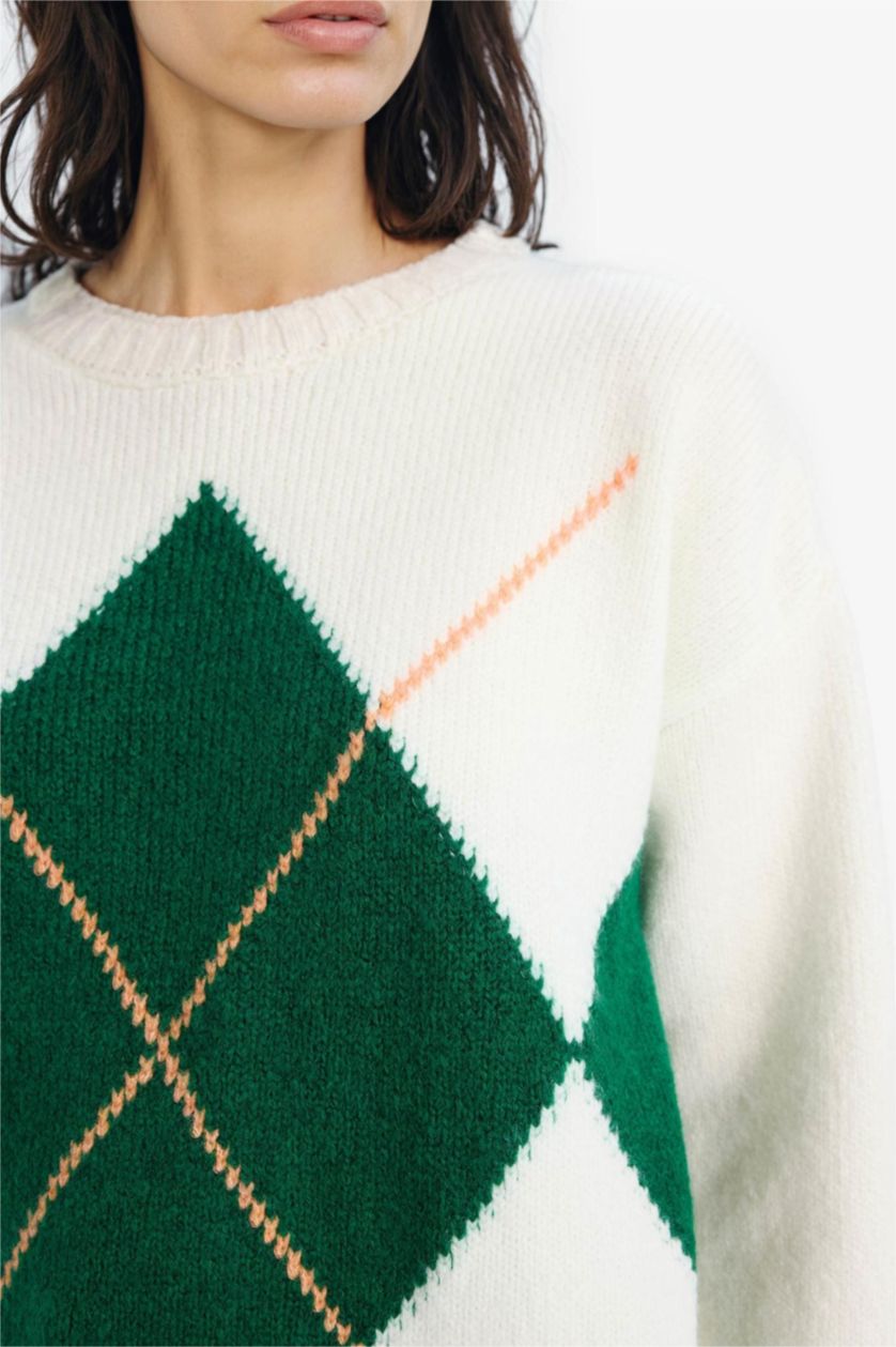 Woman Dark Green Oversize Fit Basic Crew Neck Knitwear Pullover