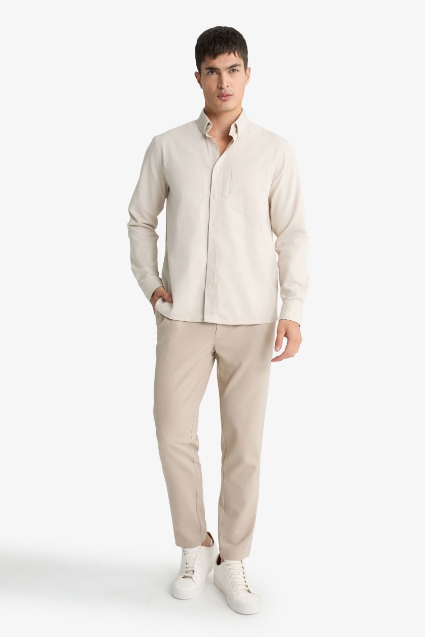 Erkek Taş Regular Fıt Polo Yaka Gabardin Uzun Kollu Gömlek