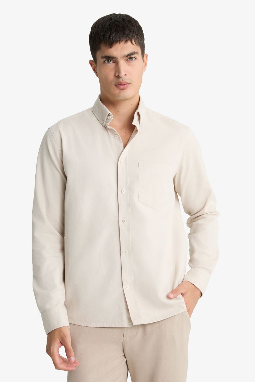 Erkek Taş Regular Fıt Polo Yaka Gabardin Uzun Kollu Gömlek