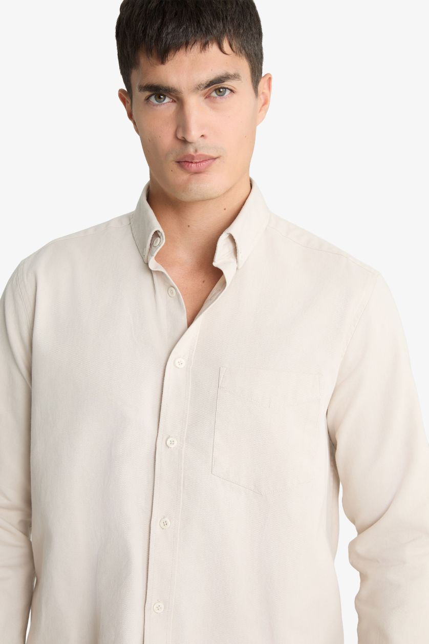 Erkek Taş Regular Fıt Polo Yaka Gabardin Uzun Kollu Gömlek