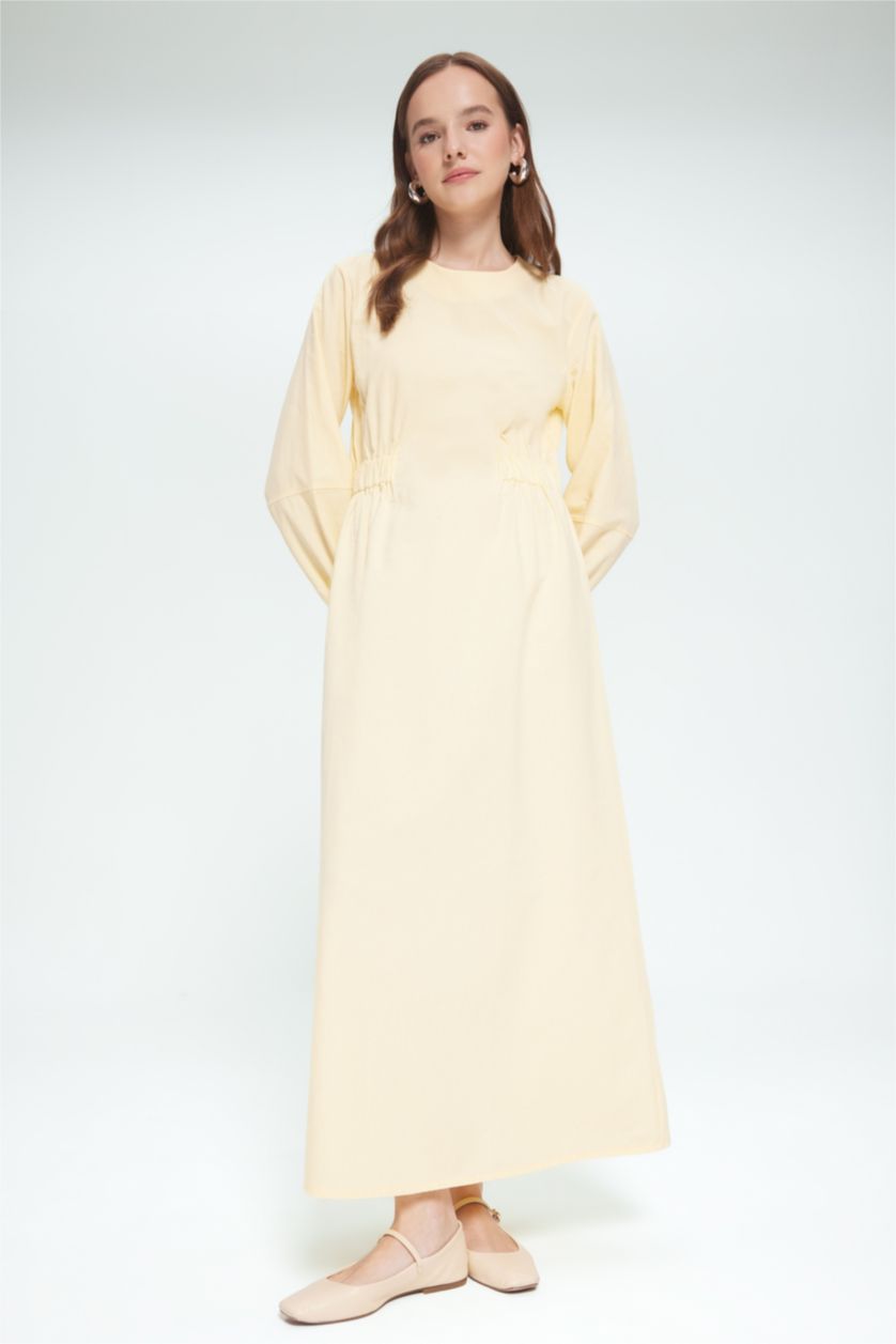 Kadın Sarı Relax Fit Bisiklet Yaka Keten Karışımlı Uzun Kollu Maxi Elbise
