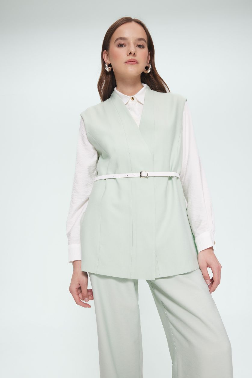 Kadın Mint V Yaka Kemerli Twill Tesettür Klasik Yelek