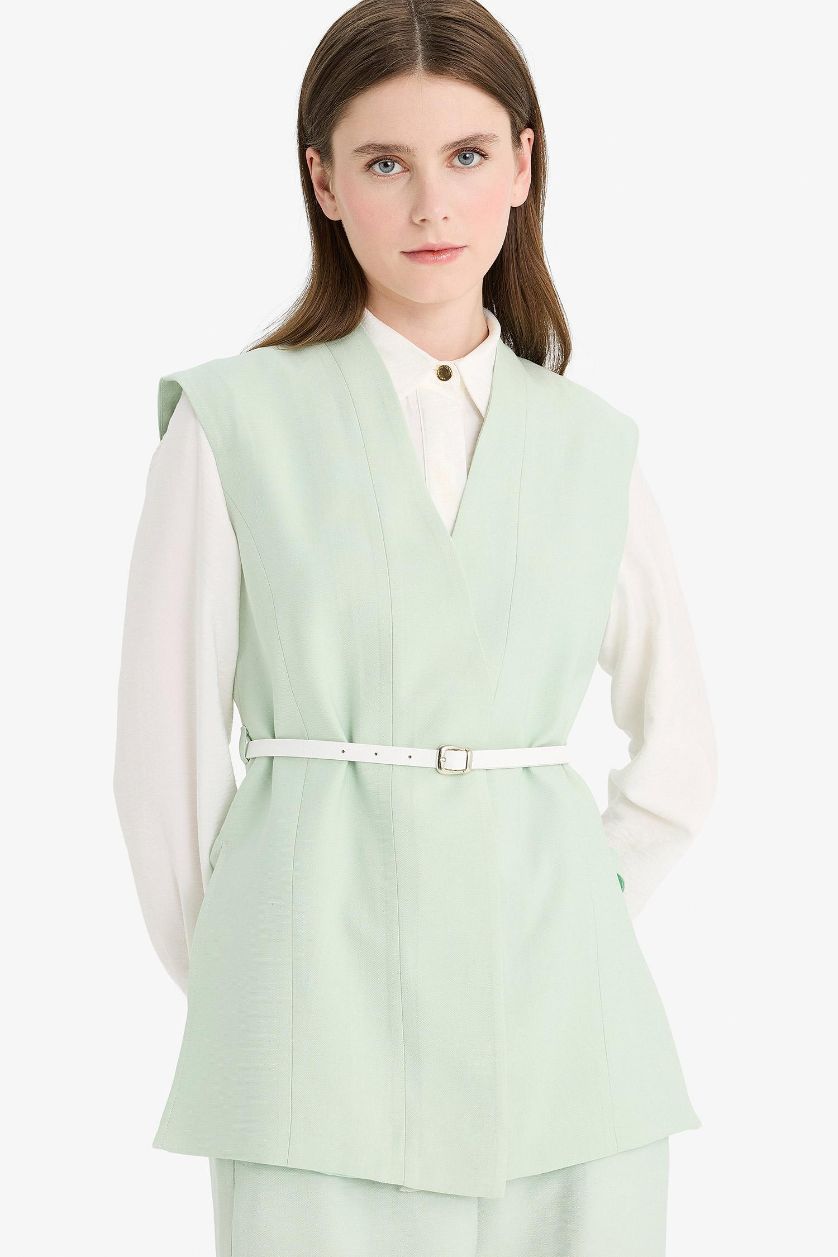 Kadın Mint V Yaka Kemerli Twill Tesettür Klasik Yelek