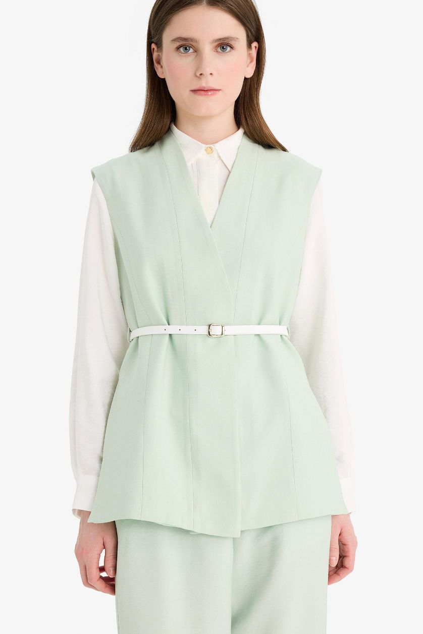 Kadın Mint V Yaka Kemerli Twill Tesettür Klasik Yelek