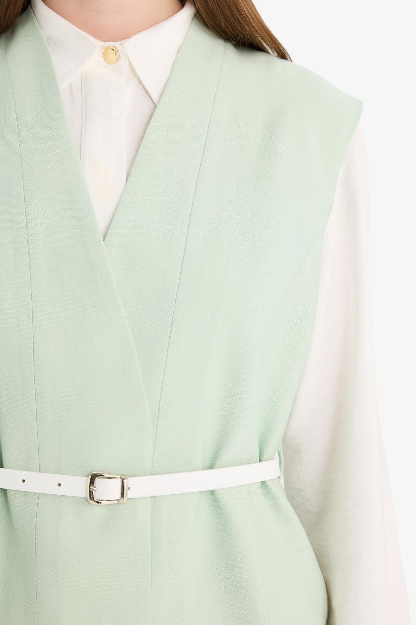 Kadın Mint V Yaka Kemerli Twill Tesettür Klasik Yelek