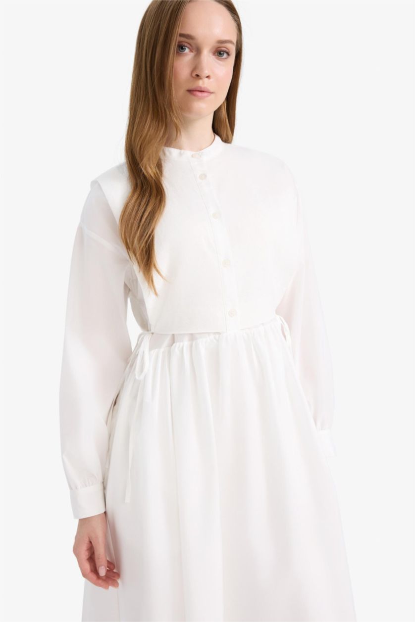 نساء بيج فاتح فستان محجبات طويل بوبلين قصة مريحة بياخة مستديرة بحزام