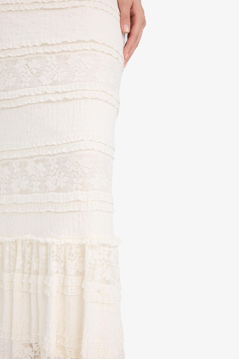 Kadın Beyaz A Kesim Astarlı Dantel Maxi Etek