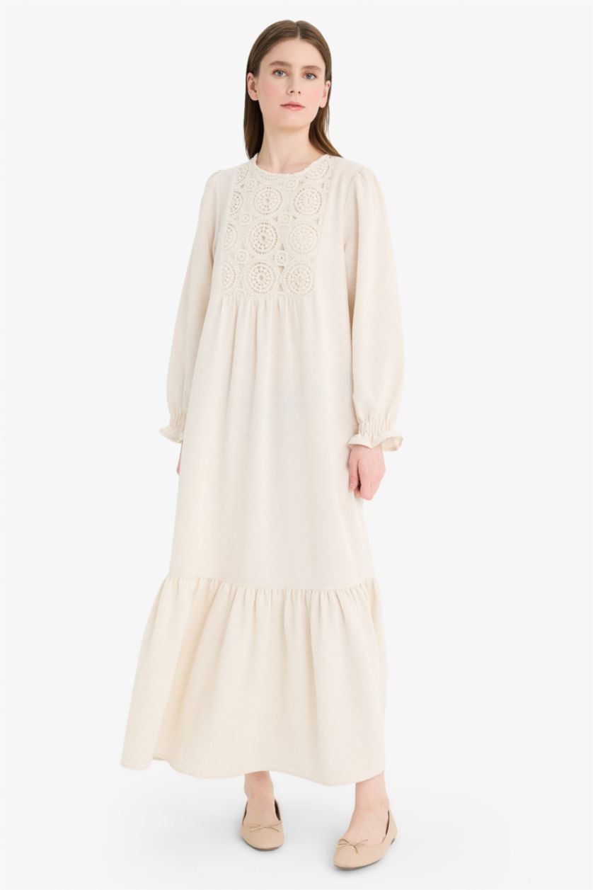 Woman Light Stone Relax Fit Crew Neck Linen Blend Maxi Dress