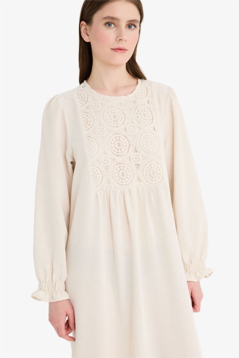 Woman Light Stone Relax Fit Crew Neck Linen Blend Maxi Dress