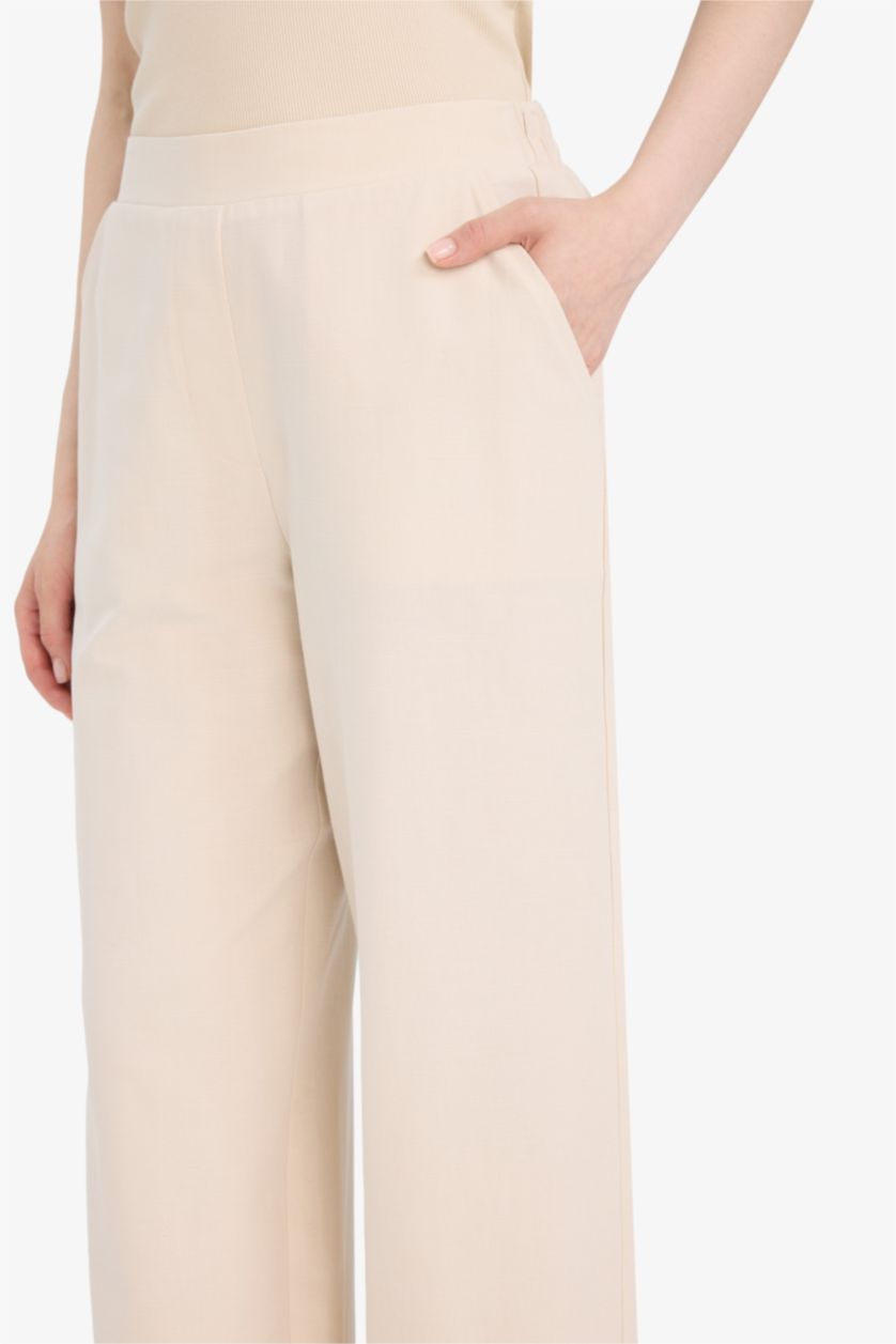 Kadın Açık Taş Keten Karışımlı Wide Leg Geniş Paça Flamlı Pantolon