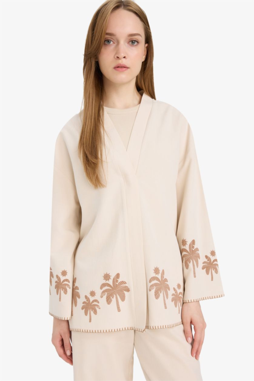 Kadın Açık Taş Relax Fit Baskılı Keten Karışımlı Uzun Kollu Kimono