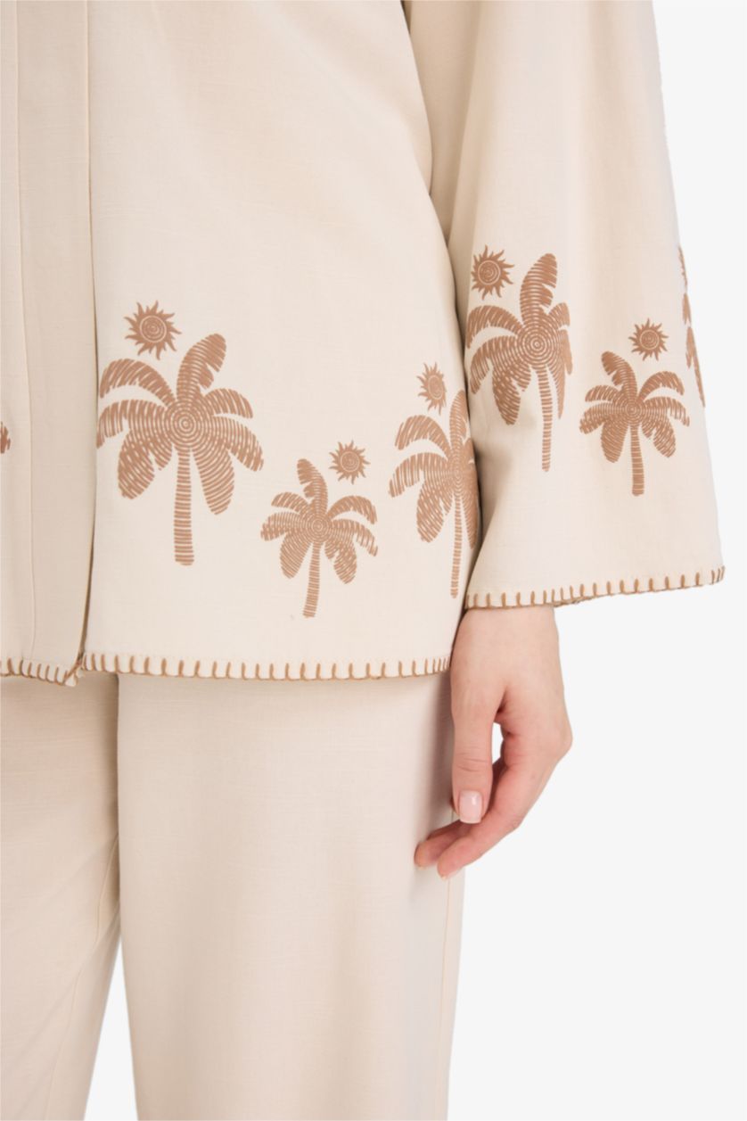 Kadın Açık Taş Relax Fit Baskılı Keten Karışımlı Uzun Kollu Kimono