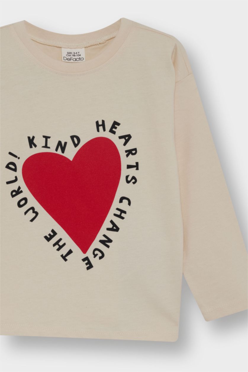 Kız Bebek Kırmızı Kız Bebek Bisiklet Yaka Kalp Desenli 2'li Uzun Kollu Tişört