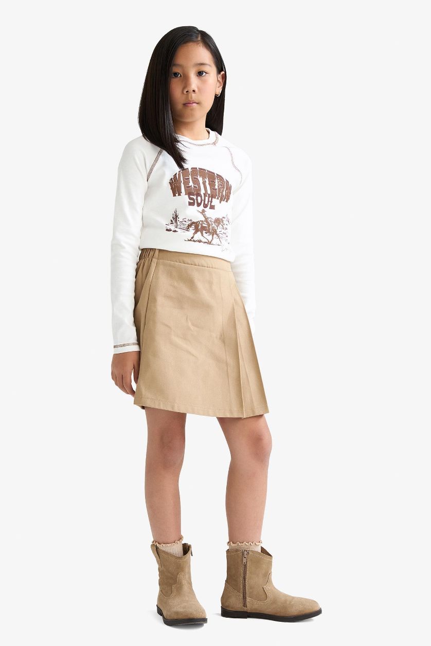 بناتي رملي غامق جيب شورت بناتي بليسيه جبردين وخصر مطاطي