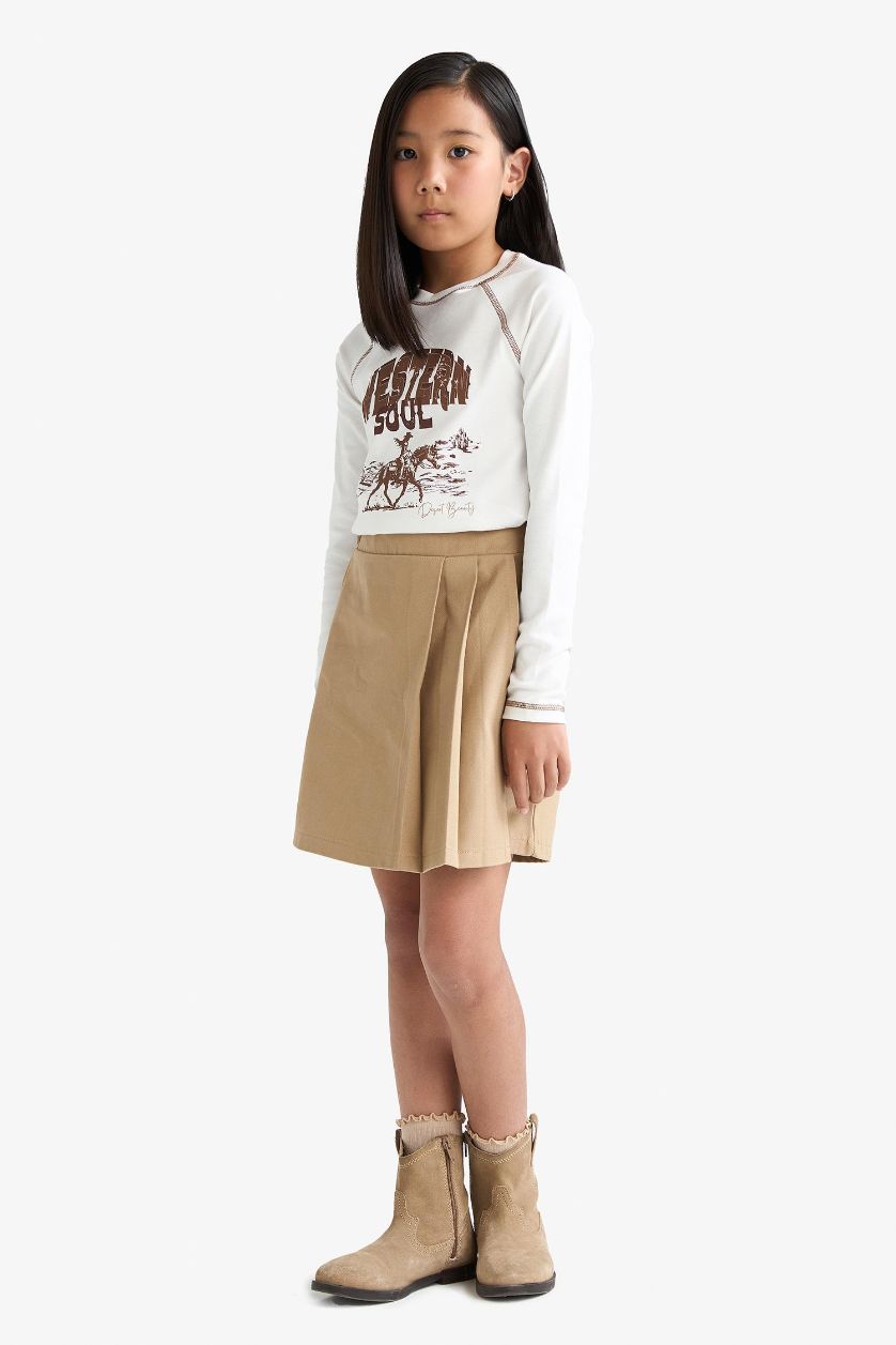 بناتي رملي غامق جيب شورت بناتي بليسيه جبردين وخصر مطاطي