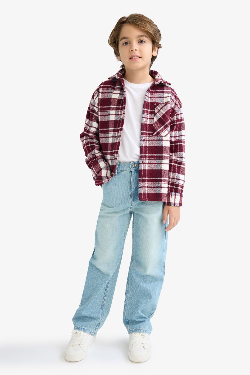 Erkek Çocuk - Genç Erkek Bordo Oversize Geniş Kalıp Polo Yaka Kareli Uzun Kollu Gömlek Erkek Çocuk