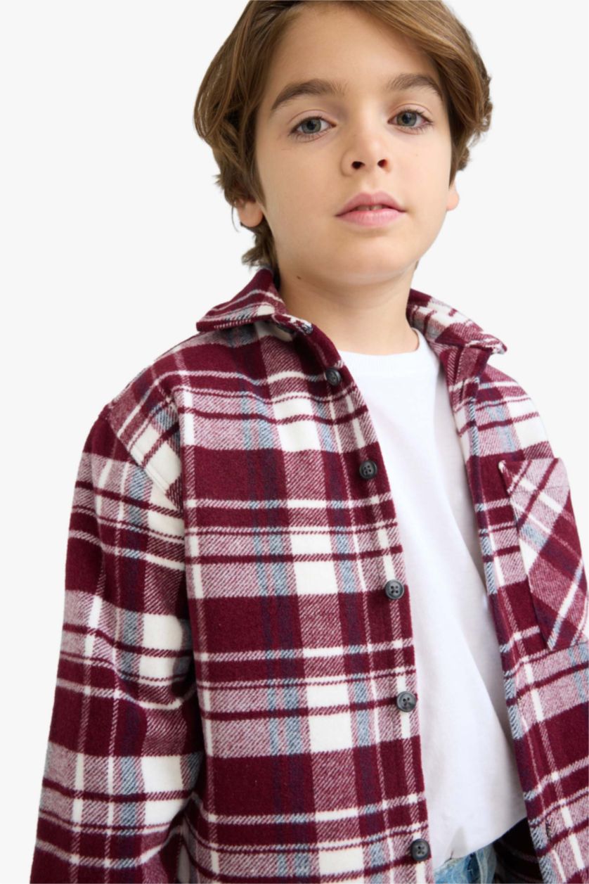 Erkek Çocuk - Genç Erkek Bordo Oversize Geniş Kalıp Polo Yaka Kareli Uzun Kollu Gömlek Erkek Çocuk