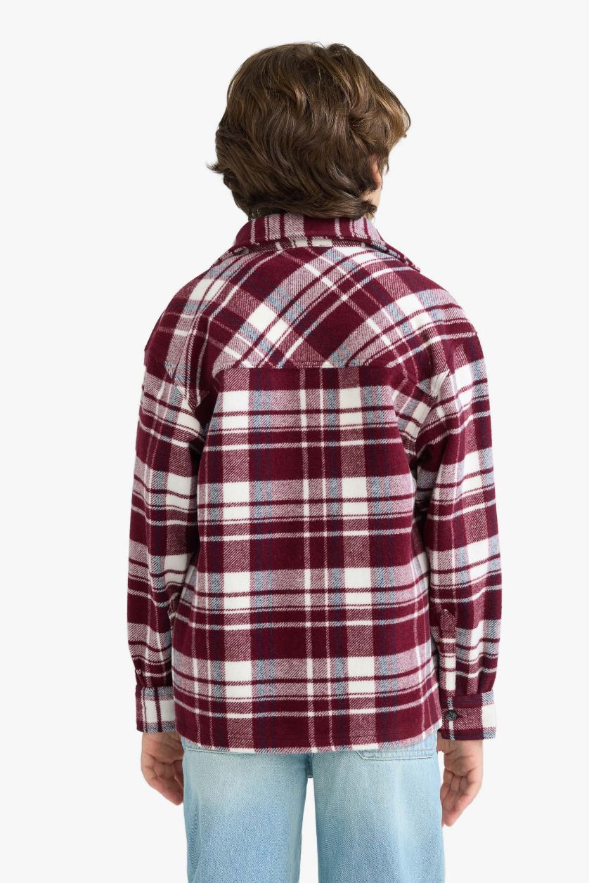 Erkek Çocuk - Genç Erkek Bordo Oversize Geniş Kalıp Polo Yaka Kareli Uzun Kollu Gömlek Erkek Çocuk