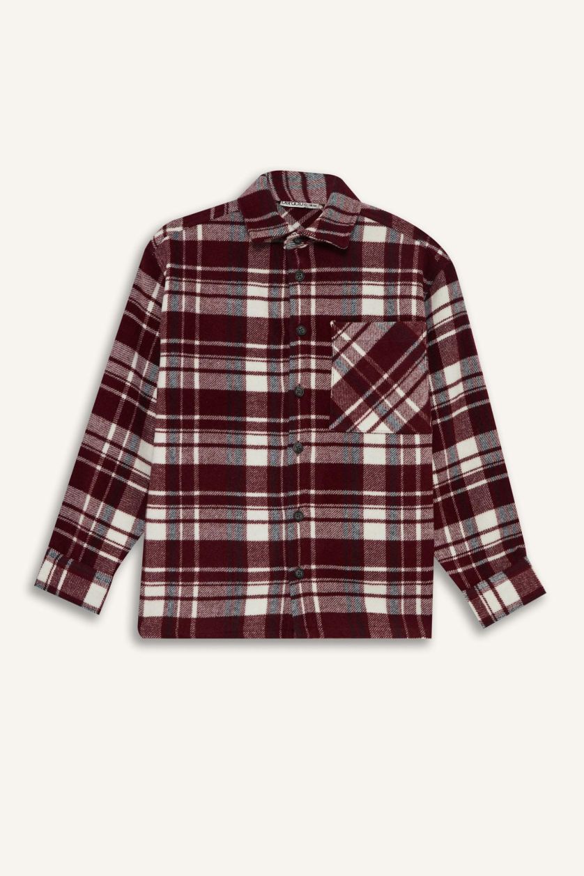 Erkek Çocuk - Genç Erkek Bordo Oversize Geniş Kalıp Polo Yaka Kareli Uzun Kollu Gömlek Erkek Çocuk