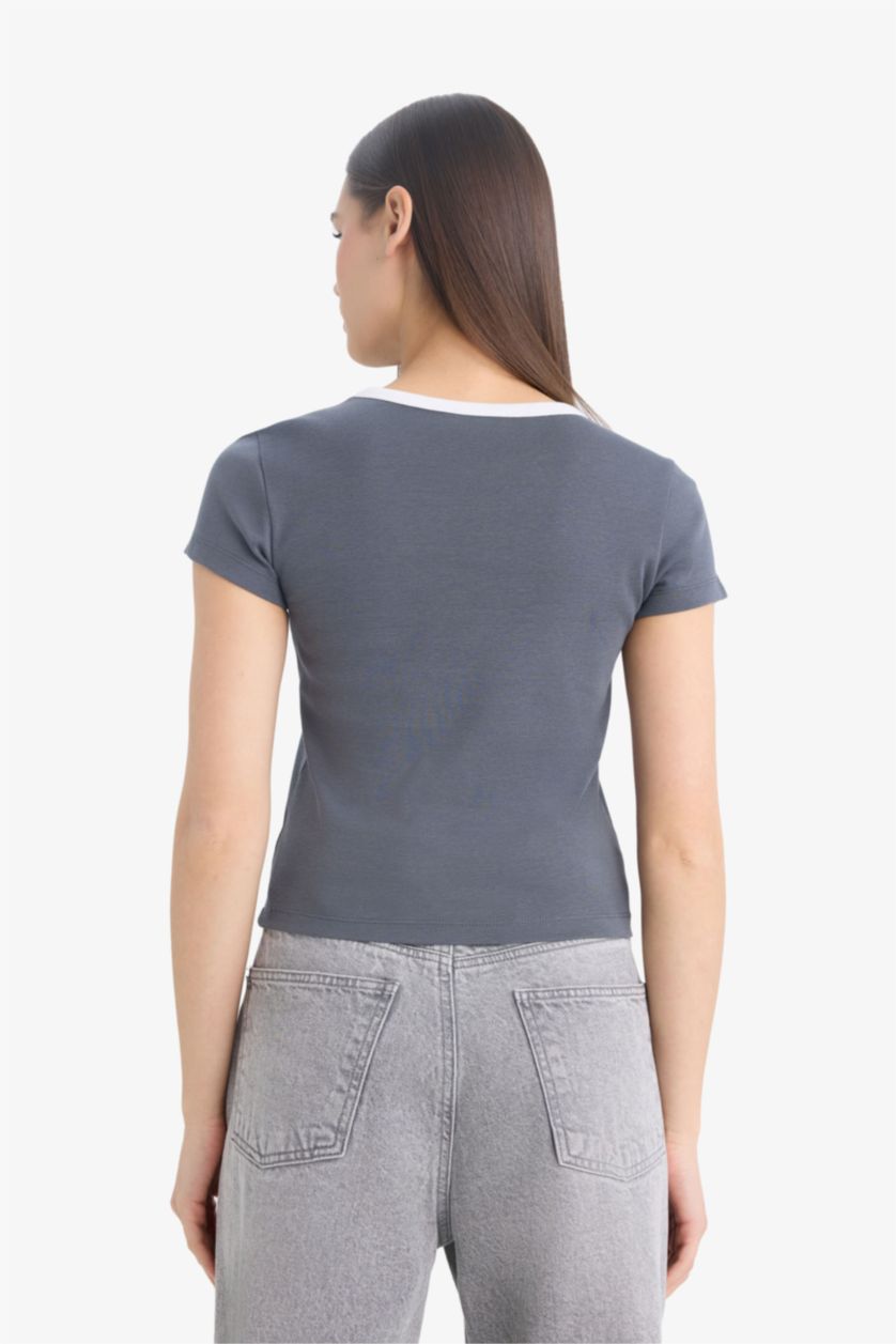 نساء أنثرا تيشيرت نص ردن مخصر مضلعب بياخة مستديرة