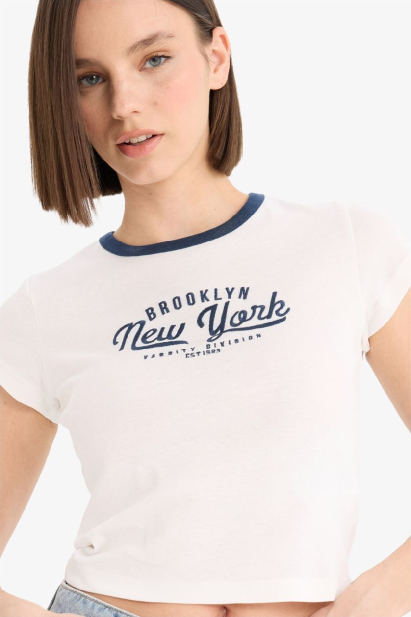 Woman White Fitted Printed Ribbed T-Shirt