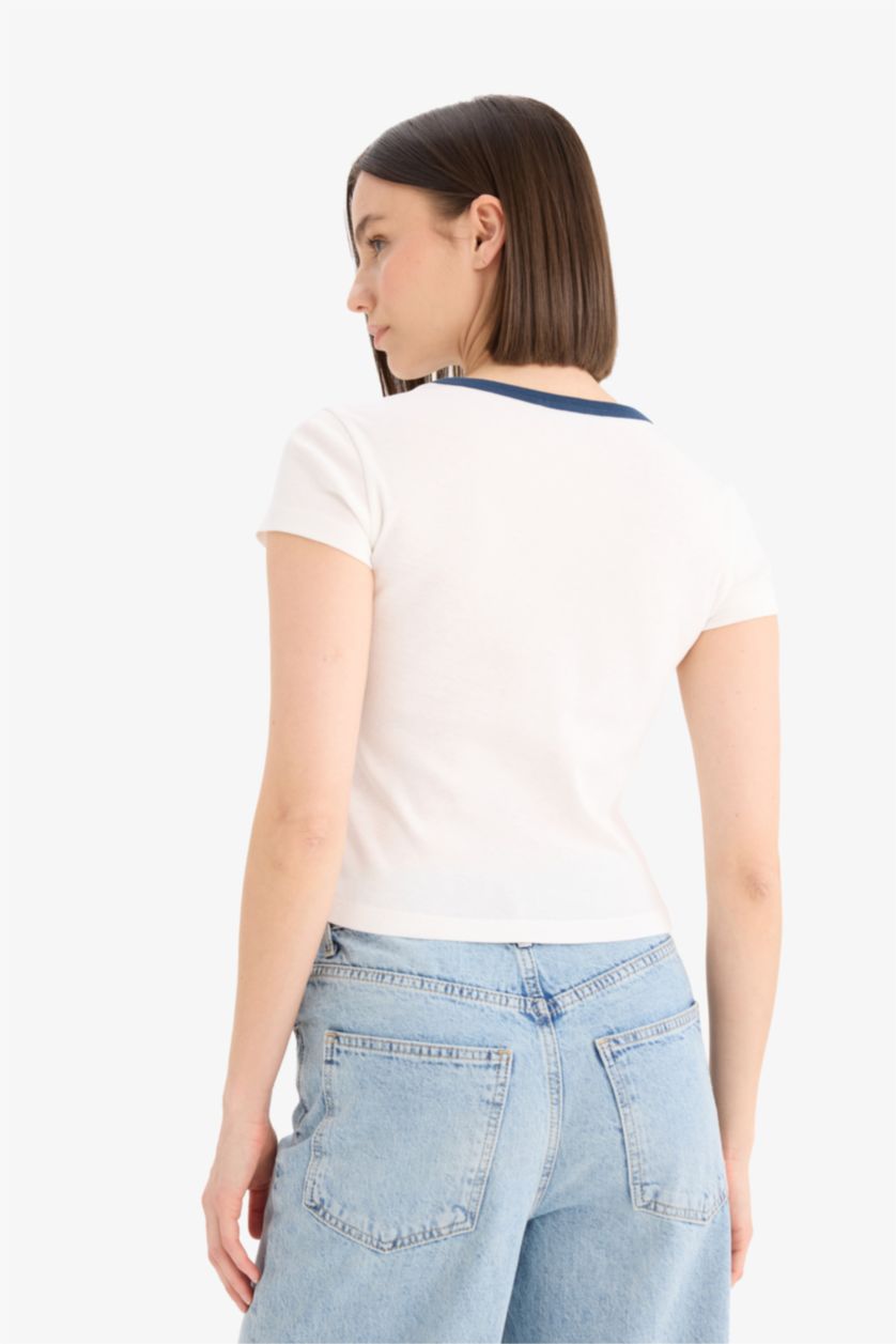 Woman White Fitted Printed Ribbed T-Shirt