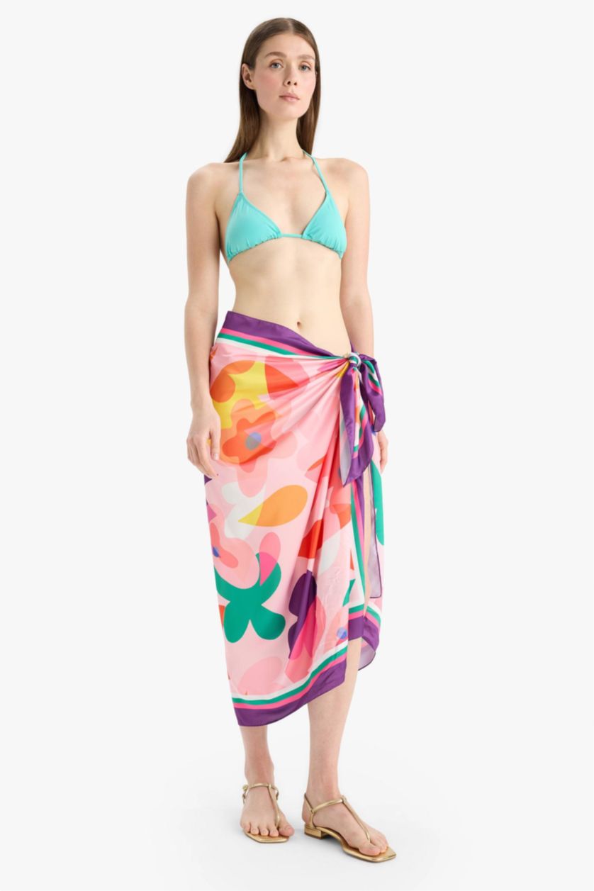 Kadın Mor Desenli Saten Pareo