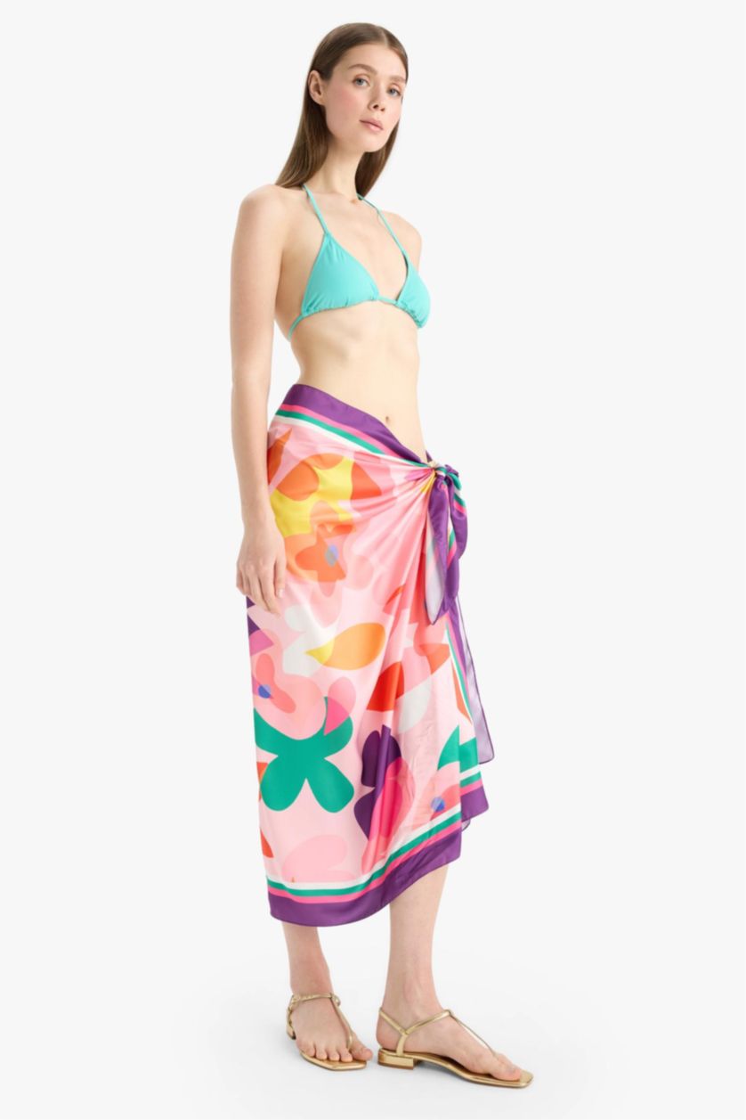 Kadın Mor Desenli Saten Pareo