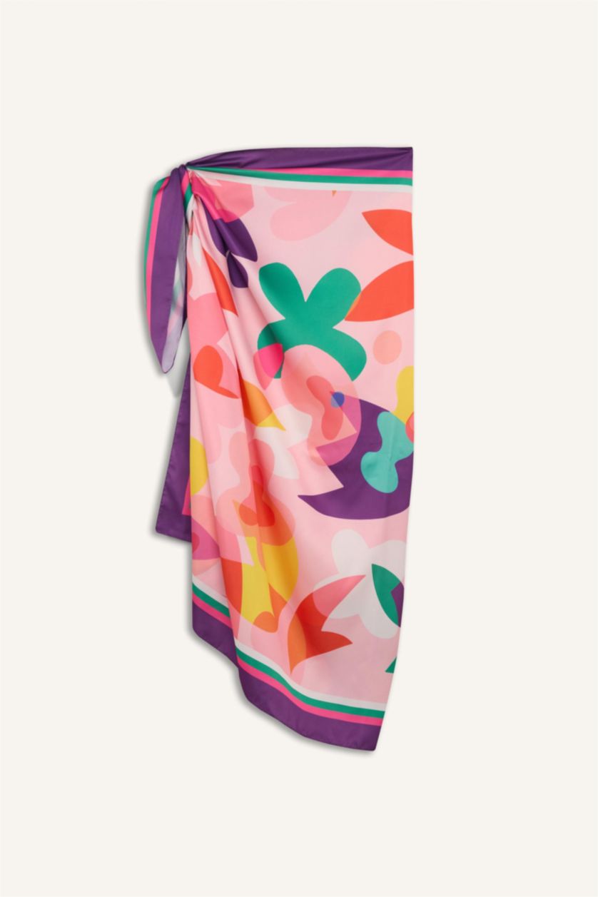 Kadın Mor Desenli Saten Pareo