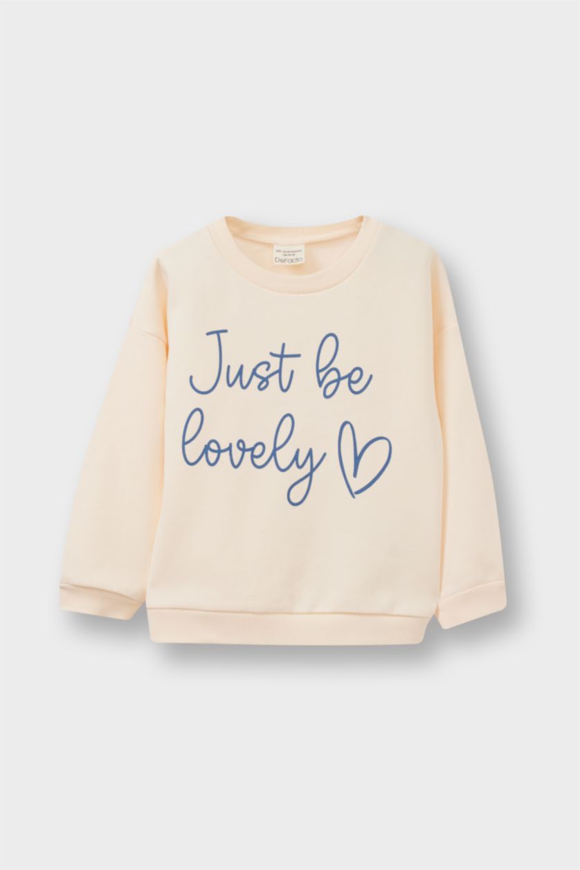 Kız Bebek Açık Mavi Kız Bebek Bisiklet Yaka Baskılı İçi Yumuşak Tüylü 2'li Sweatshirt 