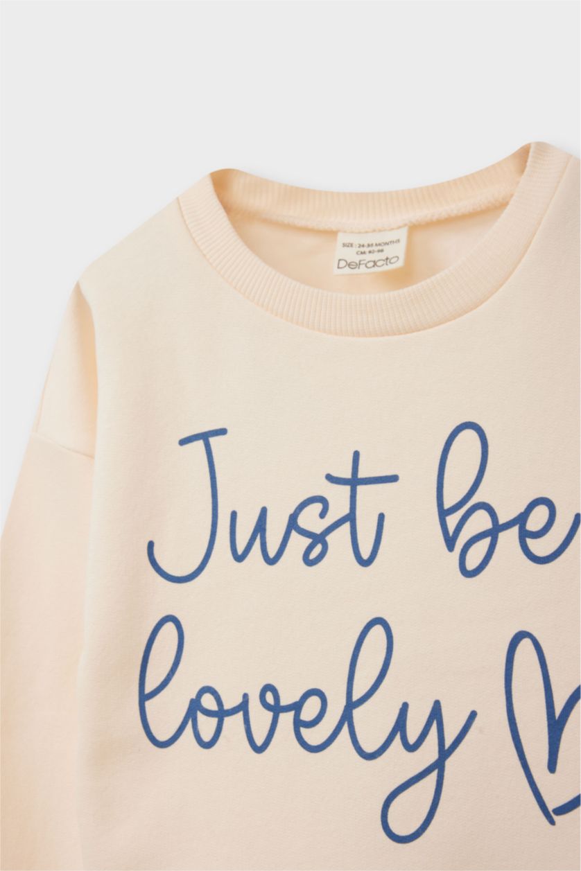 Kız Bebek Açık Mavi Kız Bebek Bisiklet Yaka Baskılı İçi Yumuşak Tüylü 2'li Sweatshirt 