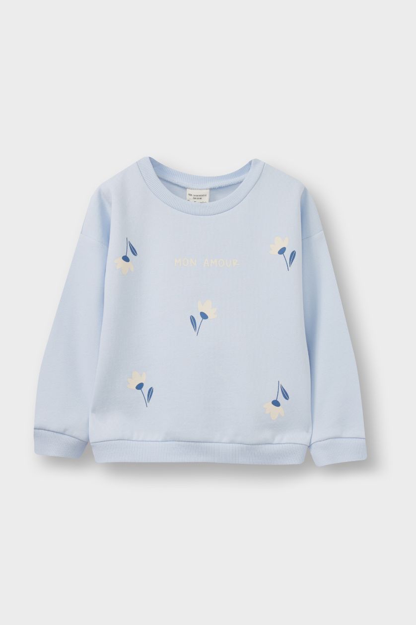 Kız Bebek Açık Mavi Kız Bebek Bisiklet Yaka Baskılı İçi Yumuşak Tüylü 2'li Sweatshirt 