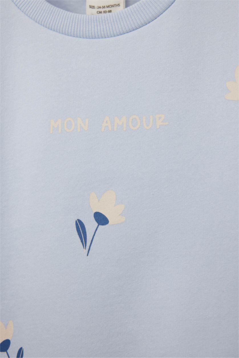 Kız Bebek Açık Mavi Kız Bebek Bisiklet Yaka Baskılı İçi Yumuşak Tüylü 2'li Sweatshirt 